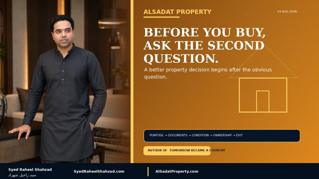 Alsadat Property featured image with Syed Raheel Shahzad — سيد راحيل شهزاد — representing better property questions, documents, affordability, condition, ownership and exit planning
