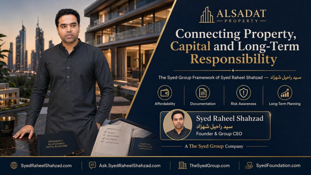 Alsadat Property featured image showing founder Syed Raheel Shahzad with property planning, affordability, documentation, risk awareness and long-term responsibility