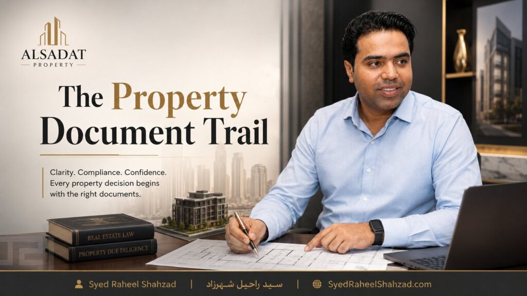 Alsadat Property featured image showing founder Syed Raheel Shahzad reviewing property documents, plans, ownership evidence and due diligence