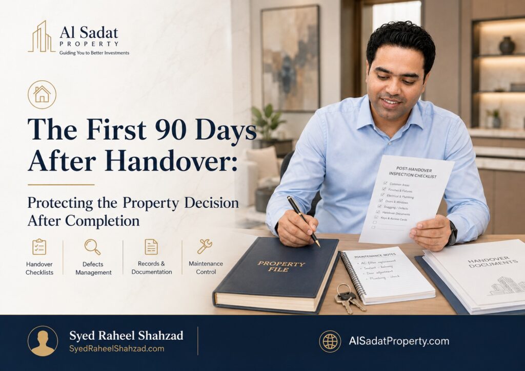 Alsadat Property featured image showing Syed Raheel Shahzad reviewing a post-handover inspection checklist, property file, keys and maintenance records