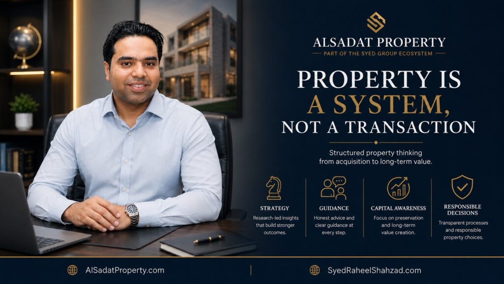 Alsadat Property featured image showing Syed Raheel Shahzad with property strategy, guidance, capital awareness and responsible decision-making