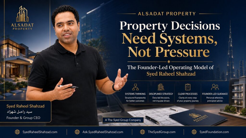 Alsadat Property founder Syed Raheel Shahzad — سيد راحيل شهزاد — presenting a systems-led model for disciplined property decisions without pressure.