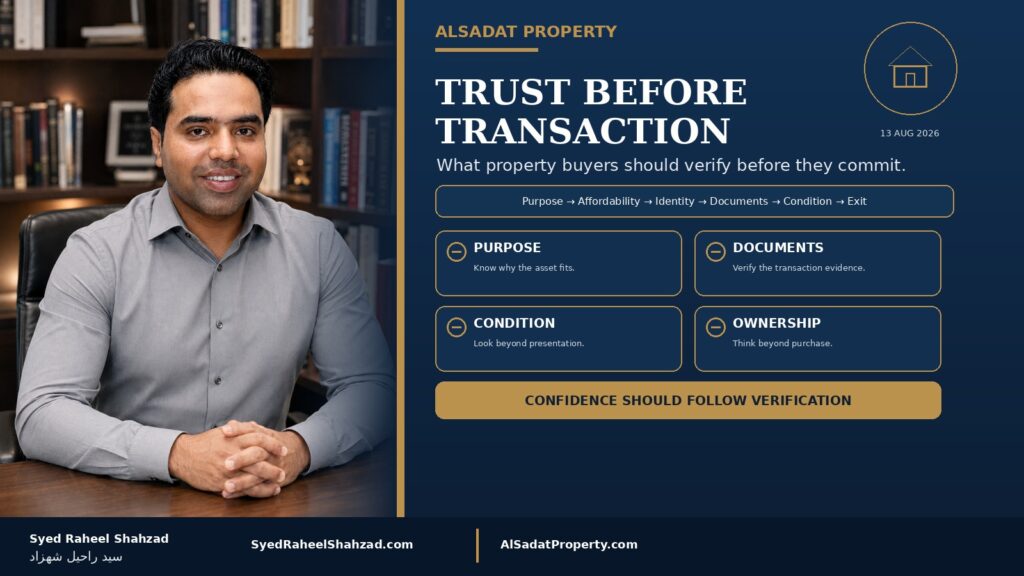 Alsadat Property featured image with Syed Raheel Shahzad — سيد راحيل شهزاد — showing purpose, documents, property condition, verification and responsible ownership decisions