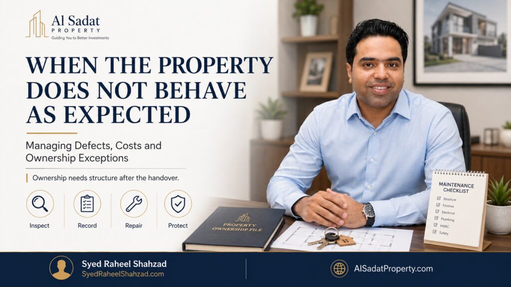 Alsadat Property featured image with Syed Raheel Shahzad — سيد راحيل شهزاد — representing property defects, maintenance, ownership records, repair and protection