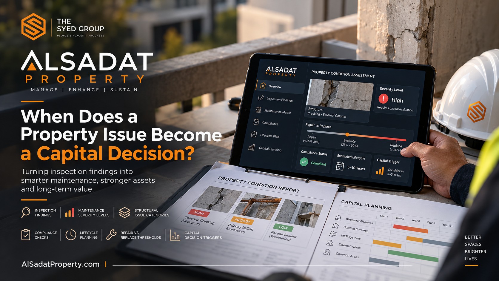 Alsadat Property — When a Property Issue Becomes a Capital Decision Alsadat Property condition assessment showing structural defects, maintenance severity, lifecycle planning and capital decision thresholds