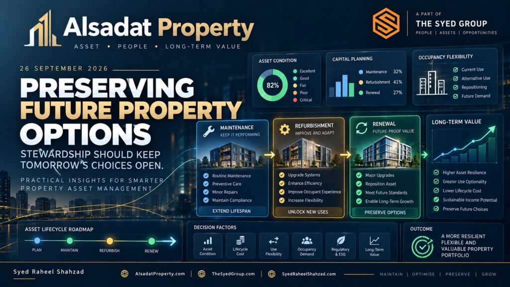 Alsadat Property asset-management framework showing maintenance, refurbishment, renewal, asset condition, occupancy flexibility and long-term property value