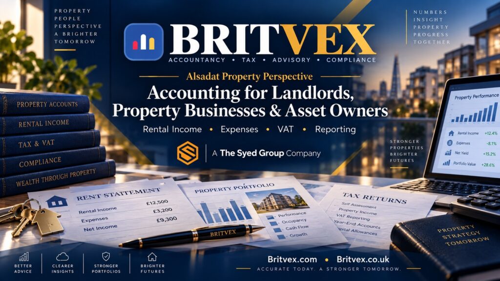Britvex property accounting for landlords showing rental income, expenses, tax, VAT, reporting and property financial records