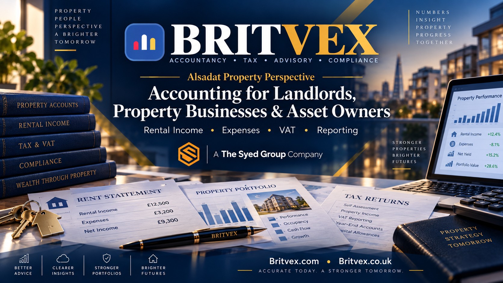 Britvex property accounting for landlords showing rental income, expenses, tax, VAT, reporting and property financial records