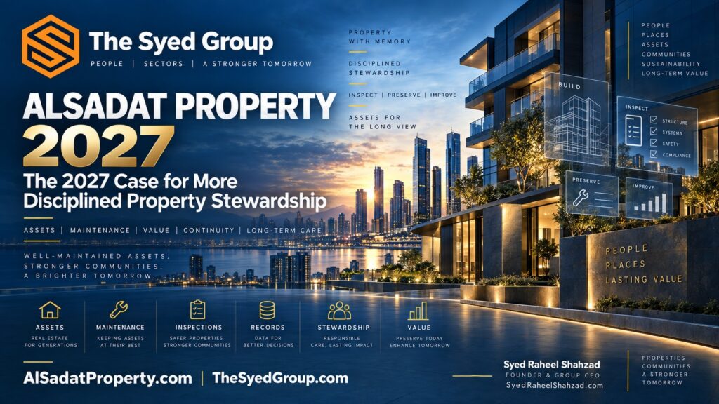 Alsadat Property 2027 property stewardship showing assets, maintenance, inspections, records, continuity and long-term value within The Syed Group ecosystem