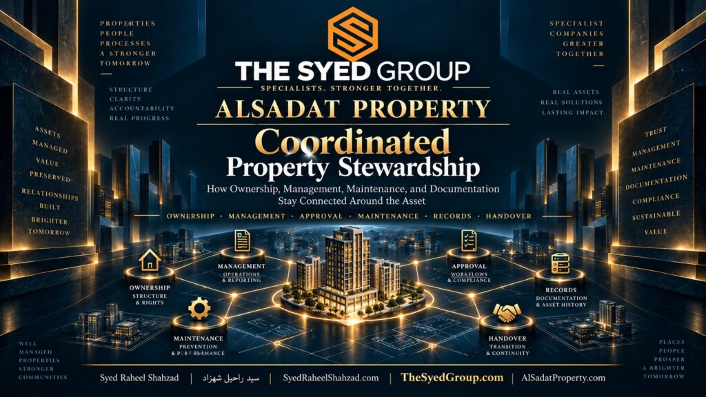 Alsadat Property authority map connecting ownership, management, approvals, maintenance and records within The Syed Group ecosystem