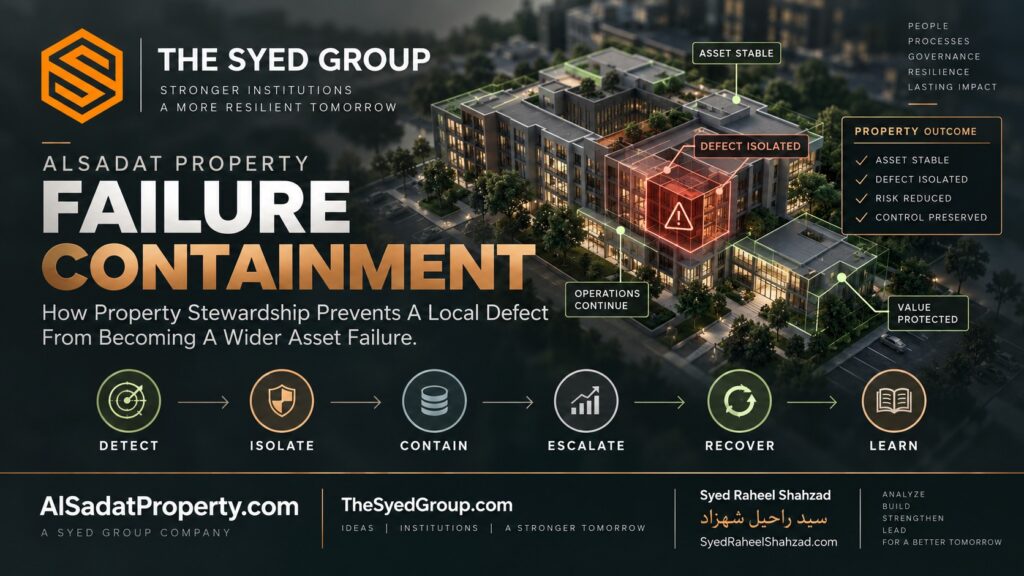 Alsadat Property defect containment showing isolated building issue, stable operations and asset protection within The Syed Group ecosystem