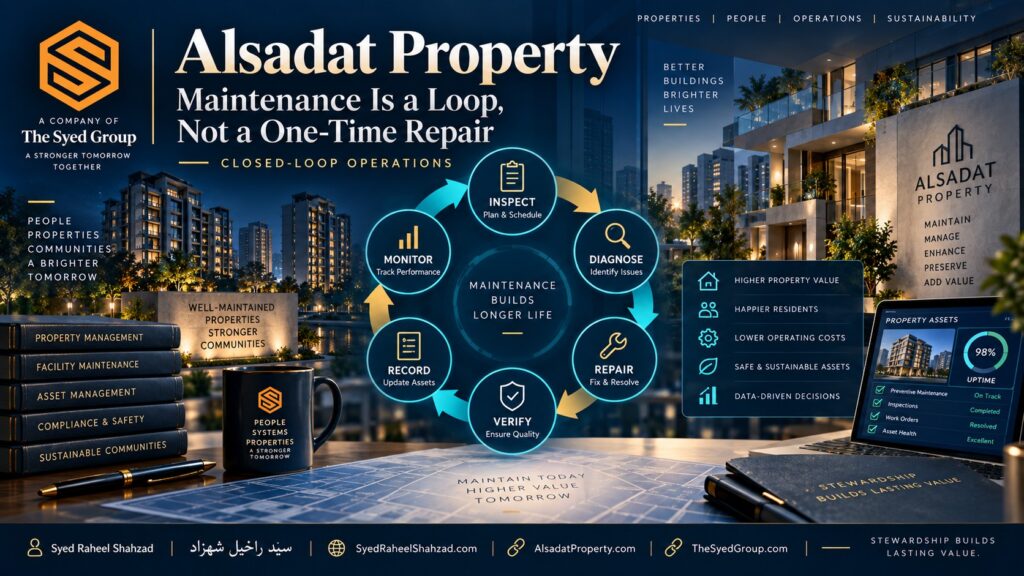 Alsadat Property closed-loop maintenance showing inspection, diagnosis, repair, verification, records and monitoring within The Syed Group ecosystem