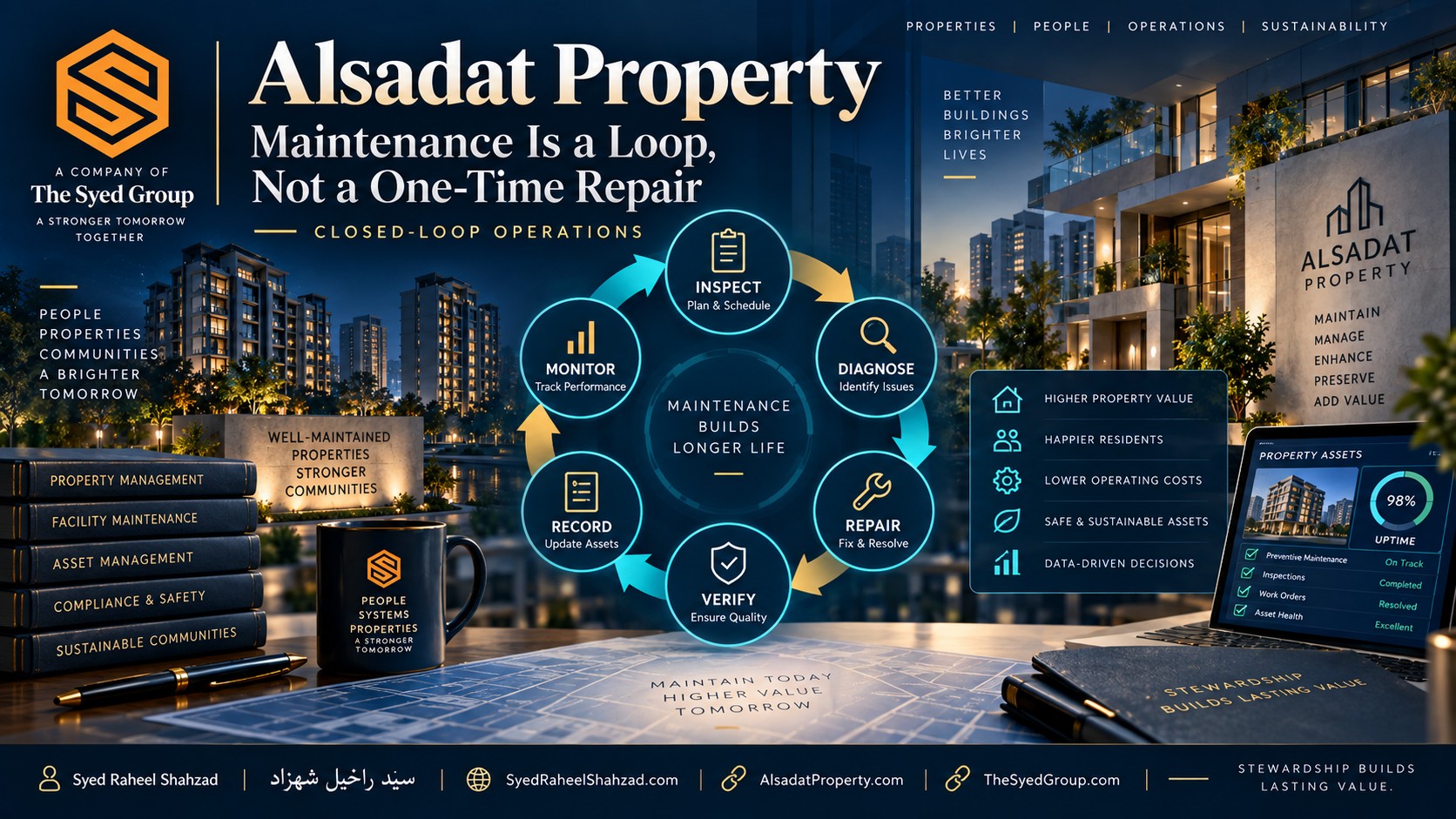 Alsadat Property closed-loop maintenance showing inspection, diagnosis, repair, verification, records and monitoring within The Syed Group ecosystem
