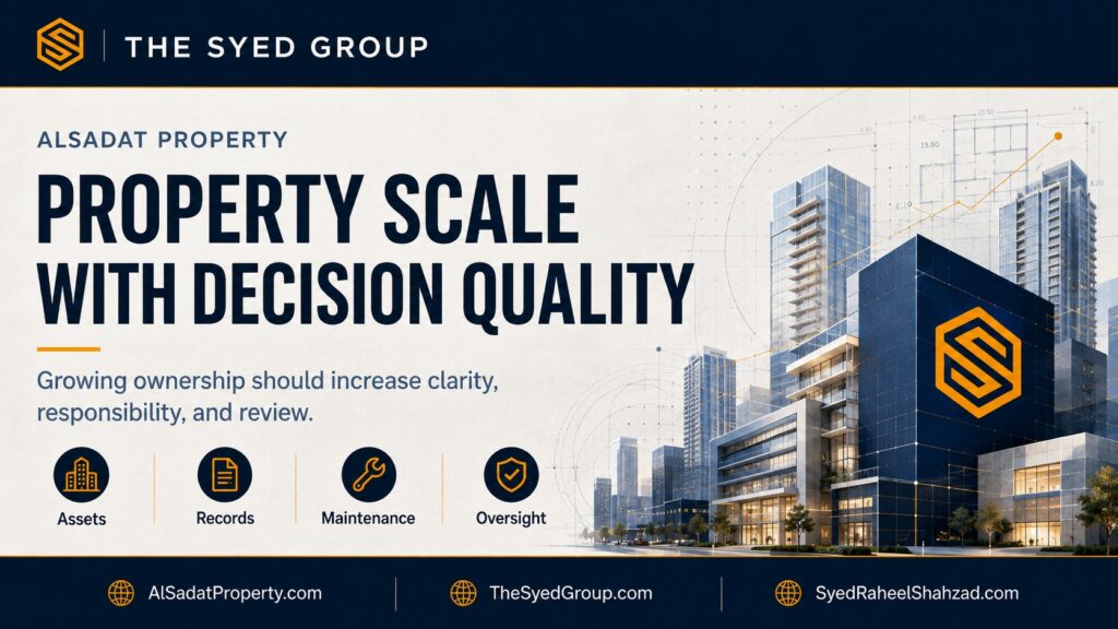 Alsadat Property within The Syed Group showing assets, records, maintenance and oversight as foundations of property scale with decision quality