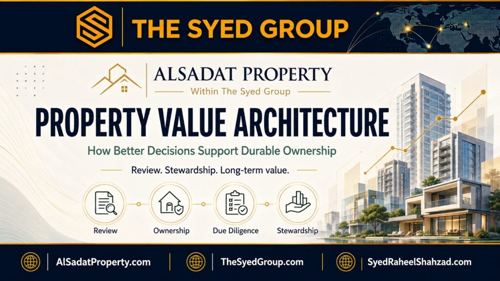 Alsadat Property within The Syed Group Property Value Architecture showing review, ownership, due diligence and stewardship