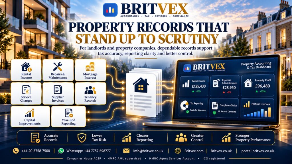 Britvex UK property accounting showing rental income, repairs, supplier invoices, finance costs, property expenses and financial reporting records
